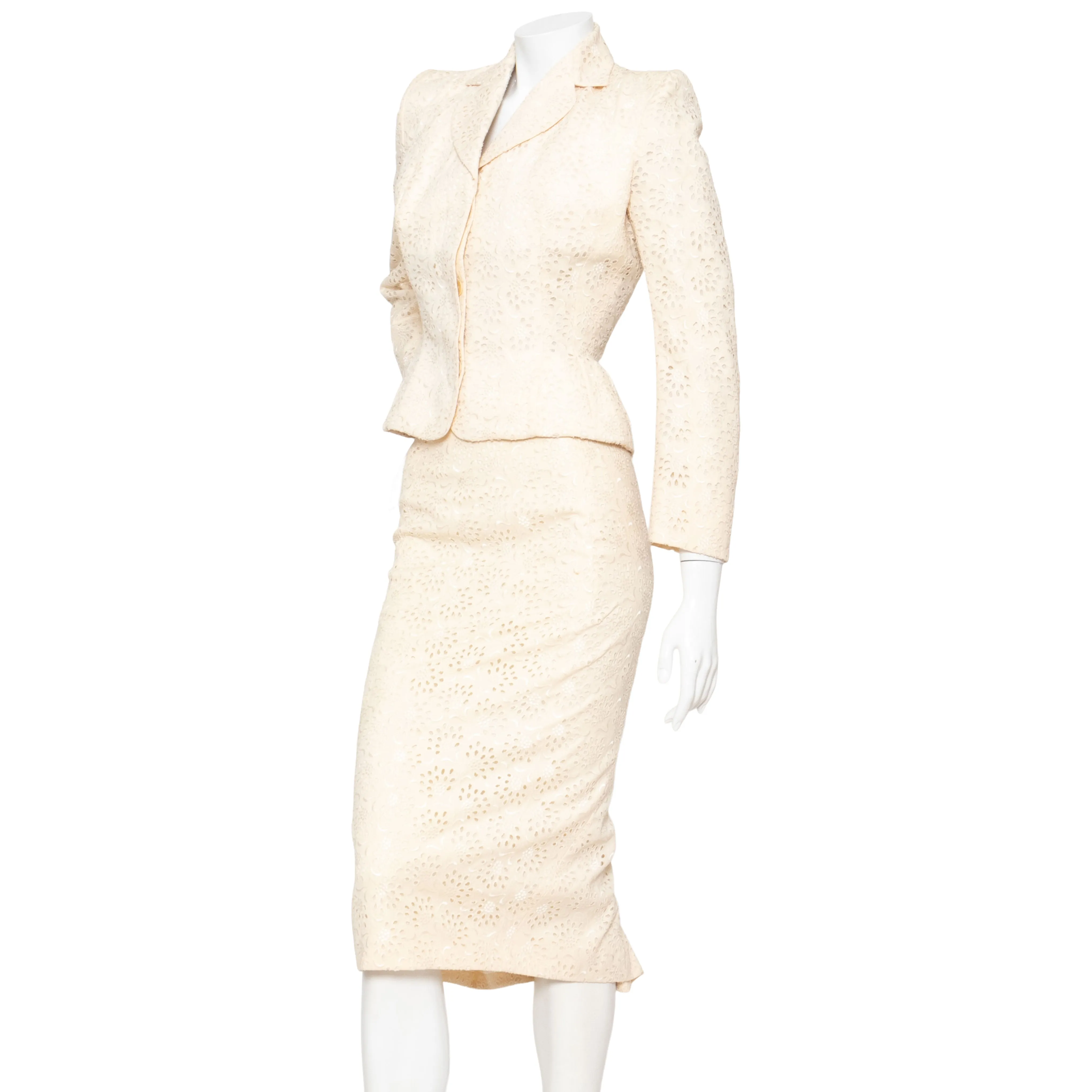 1996 Ivory Broderie Anglaise Skirt Suit