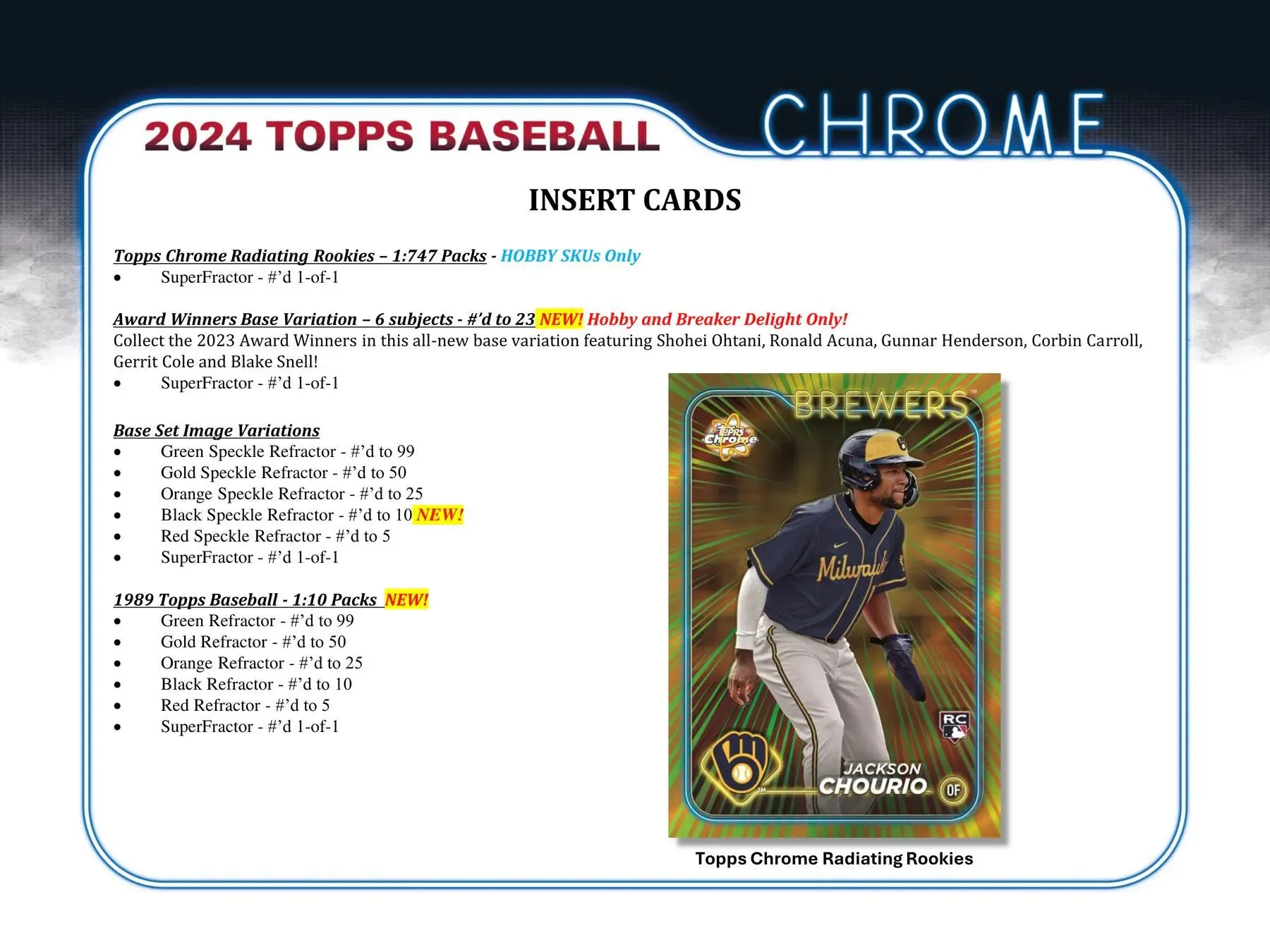 2024 Topps Chrome Baseball Hobby Box 24 Packs Per Box, 4 Cards Per Pack