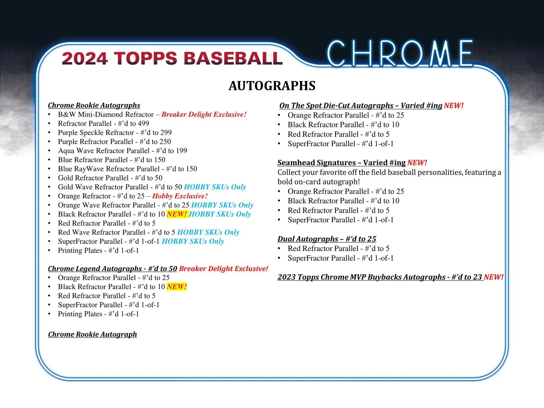 2024 Topps Chrome Baseball Hobby Box 24 Packs Per Box, 4 Cards Per Pack