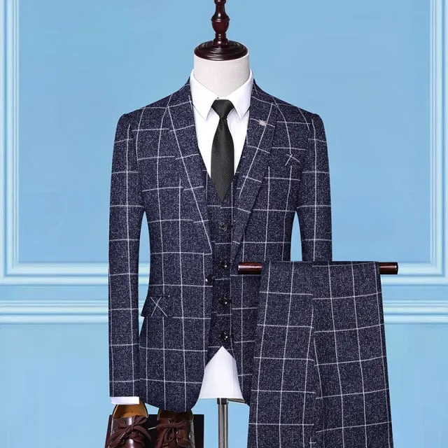 3 Pieces Set Men Plaid Vest Blazer Pants Suit Jacket Coat