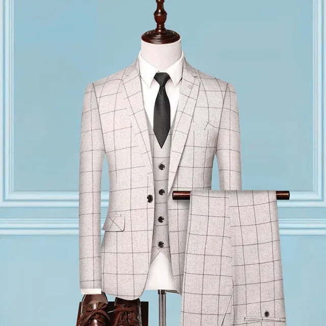 3 Pieces Set Men Plaid Vest Blazer Pants Suit Jacket Coat