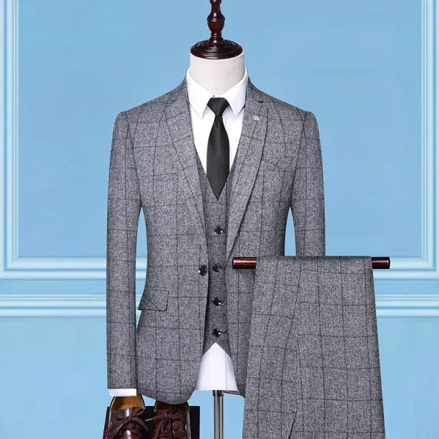 3 Pieces Set Men Plaid Vest Blazer Pants Suit Jacket Coat