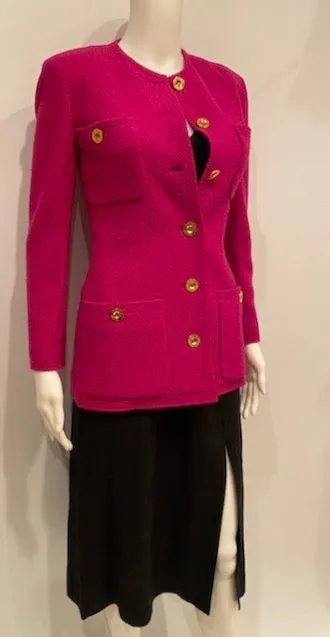 80’s/90’s Vintage Chanel Bright Pink Boucle Wool Long Jacket FR 36