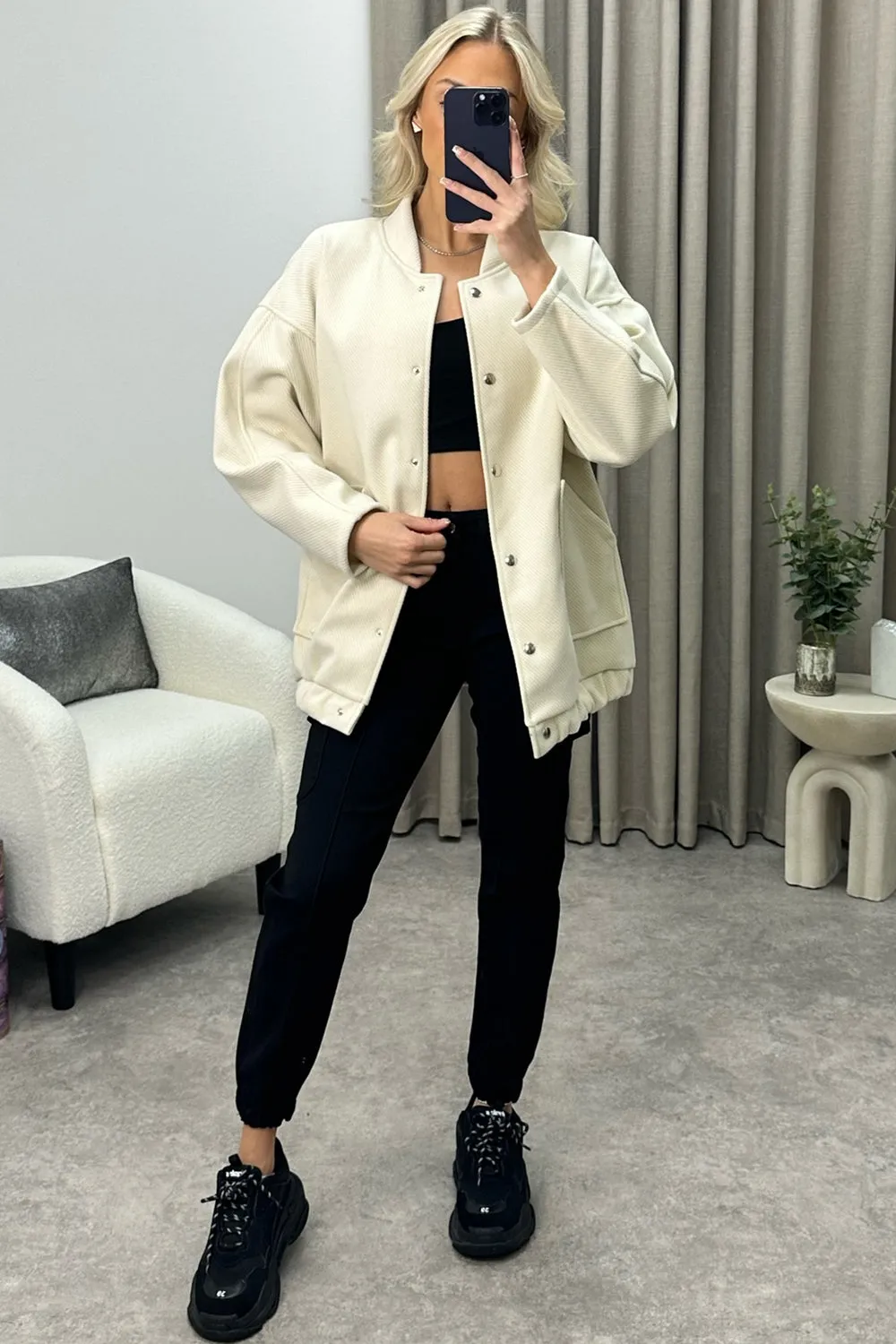 Adriana Beige Oversized Bomber Jacket