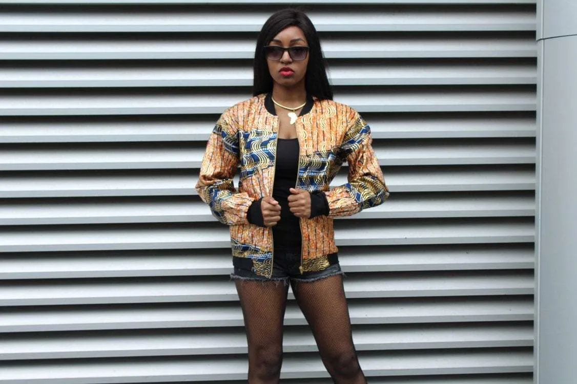 African Bomber Jacket in Gold Orange Print - Festival Jacket