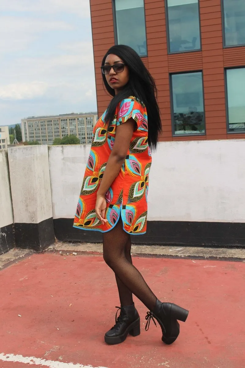 African Dress in Orange Ankara Print