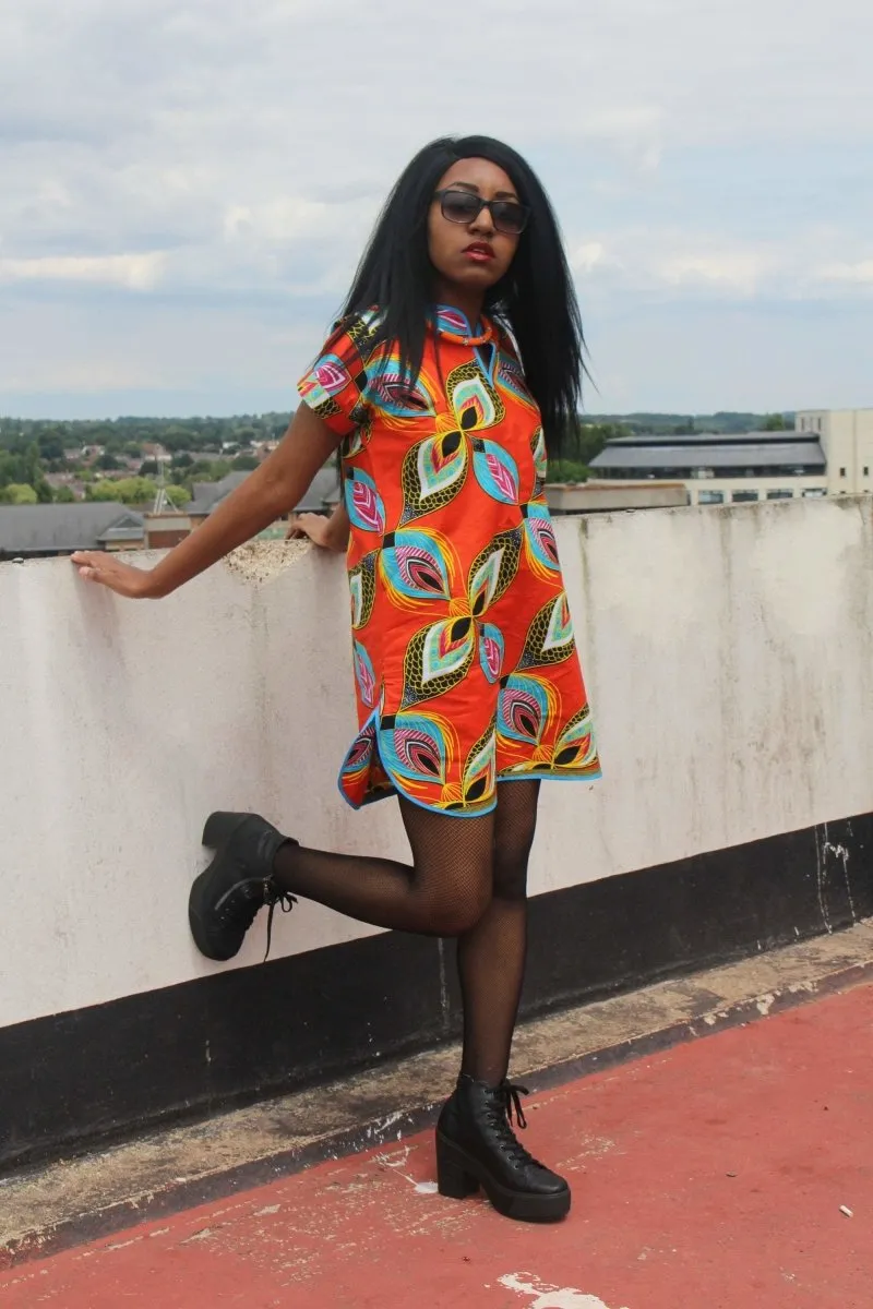 African Dress in Orange Ankara Print