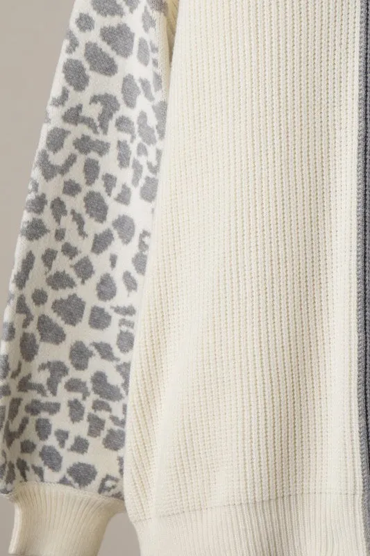 Animal Print Sleeve Color Block Cable Knit Sweater in More Colors