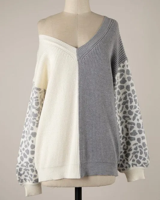 Animal Print Sleeve Color Block Cable Knit Sweater in More Colors