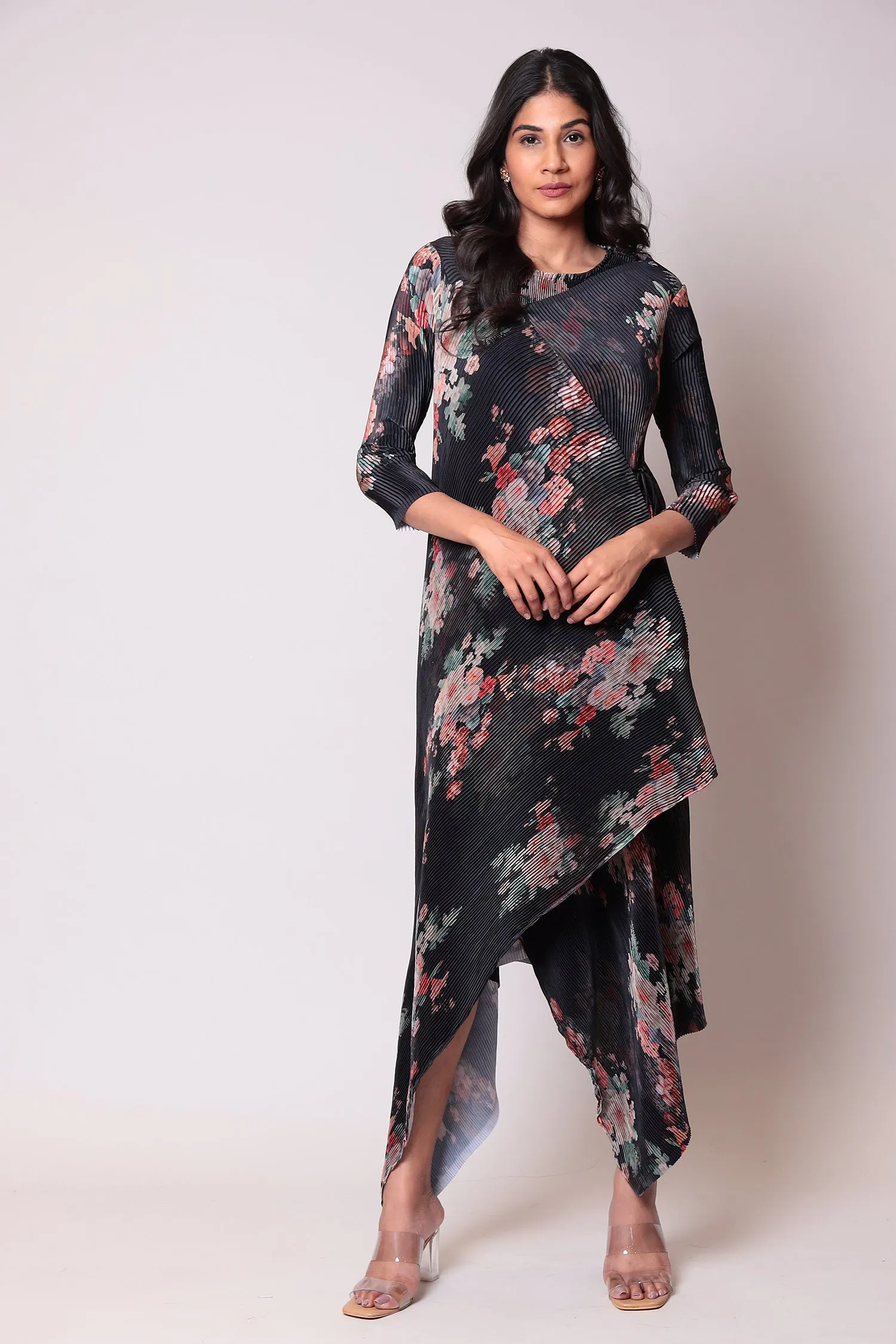 Asymmetrical Cut Printed Satin Suit