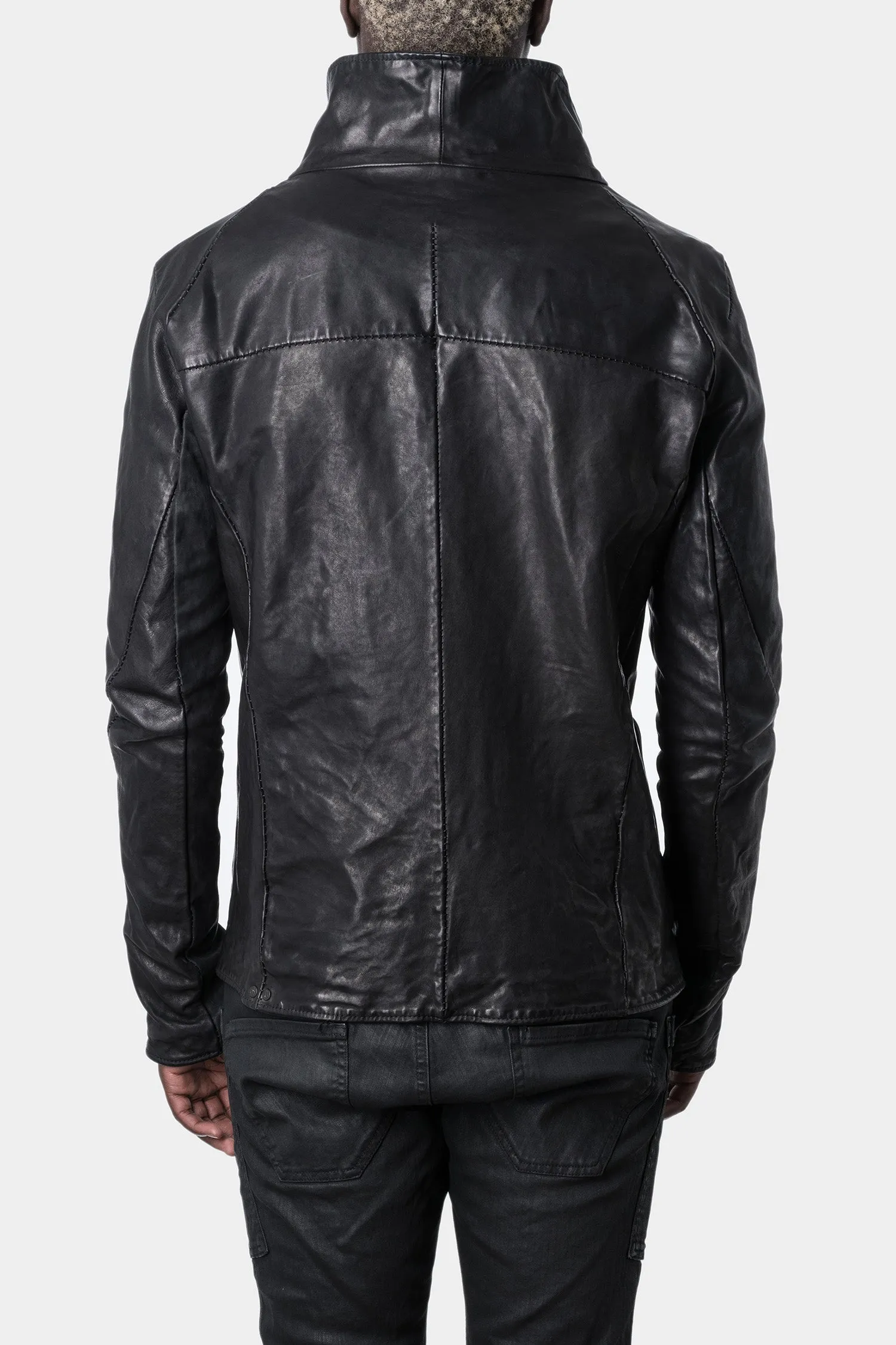 Asymmetrical zip high neck leather jacket