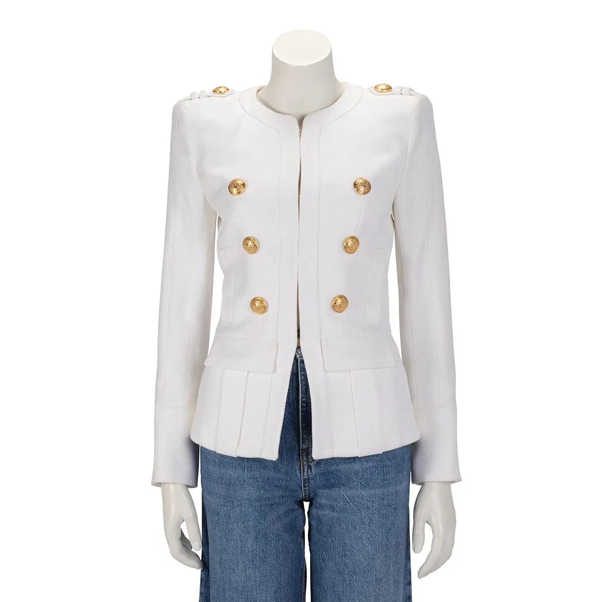 Balmain White Viscose Weave Epaulette Blazer FR 36