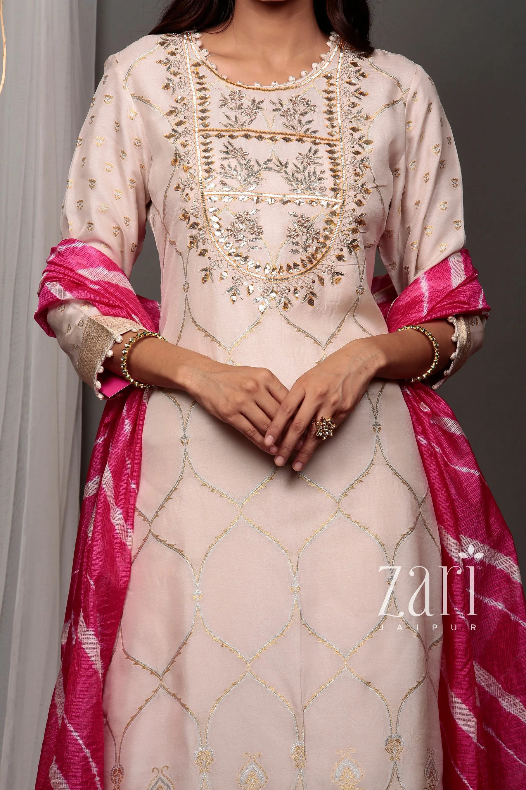 Banarsi Banarasi brocade  Suit with Gota, Gota Patti, Pearl, Sequins, Thread, Zardozi work.