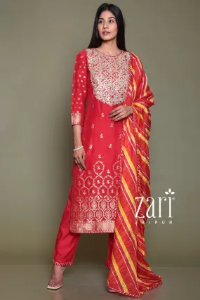 Banarsi Silk Suit with Aari, Gota Patti, Pearl, Zardozi work.