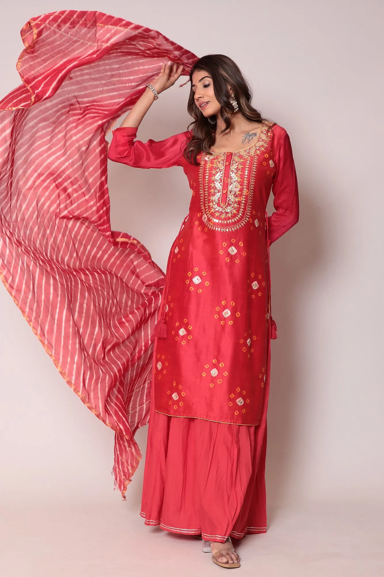 Bandhej Chanderi Gota Patti Suit with Leheriya Dupatta