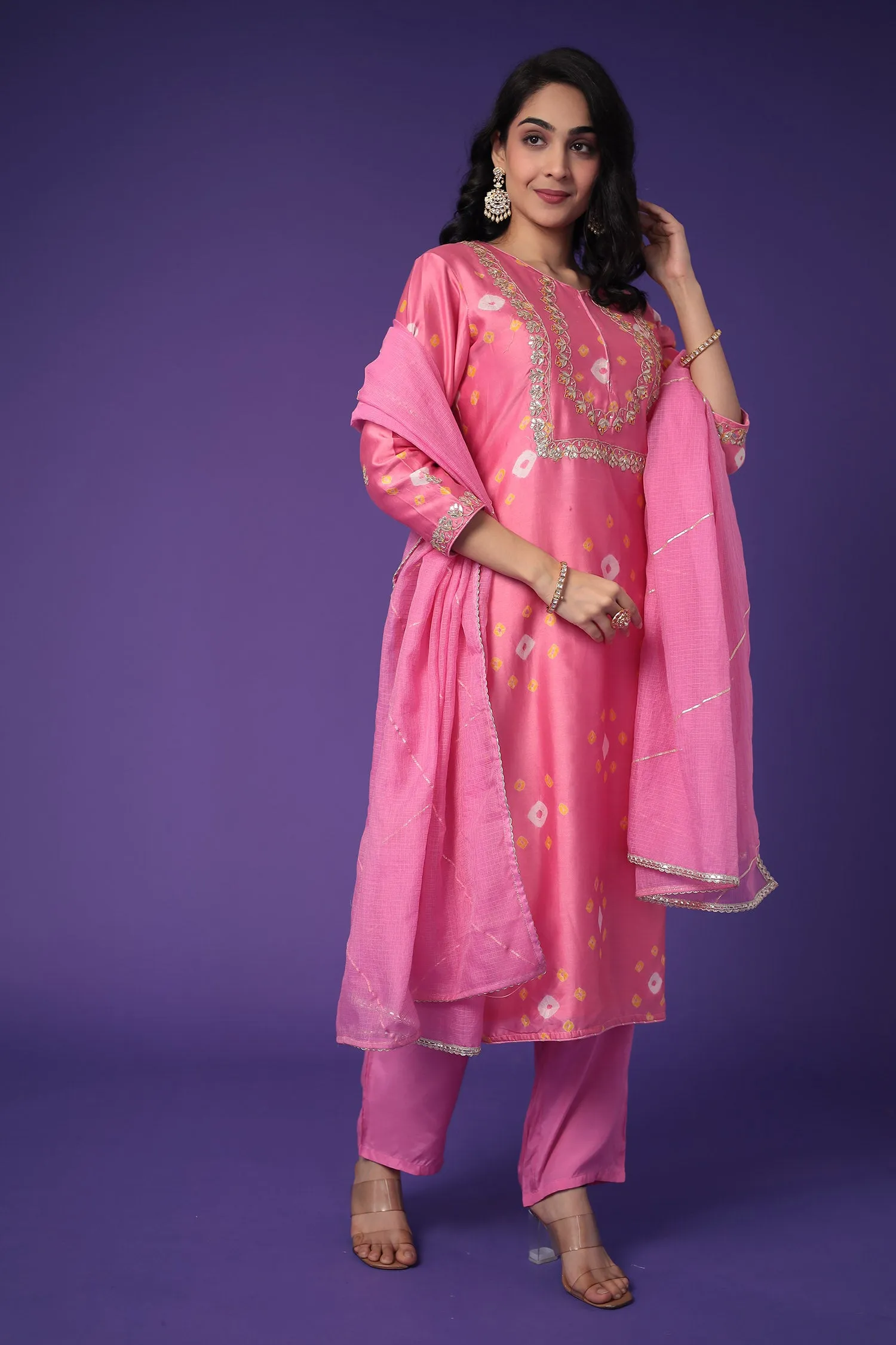 Bandhej Chanderi Silk Suit with Embroidered work