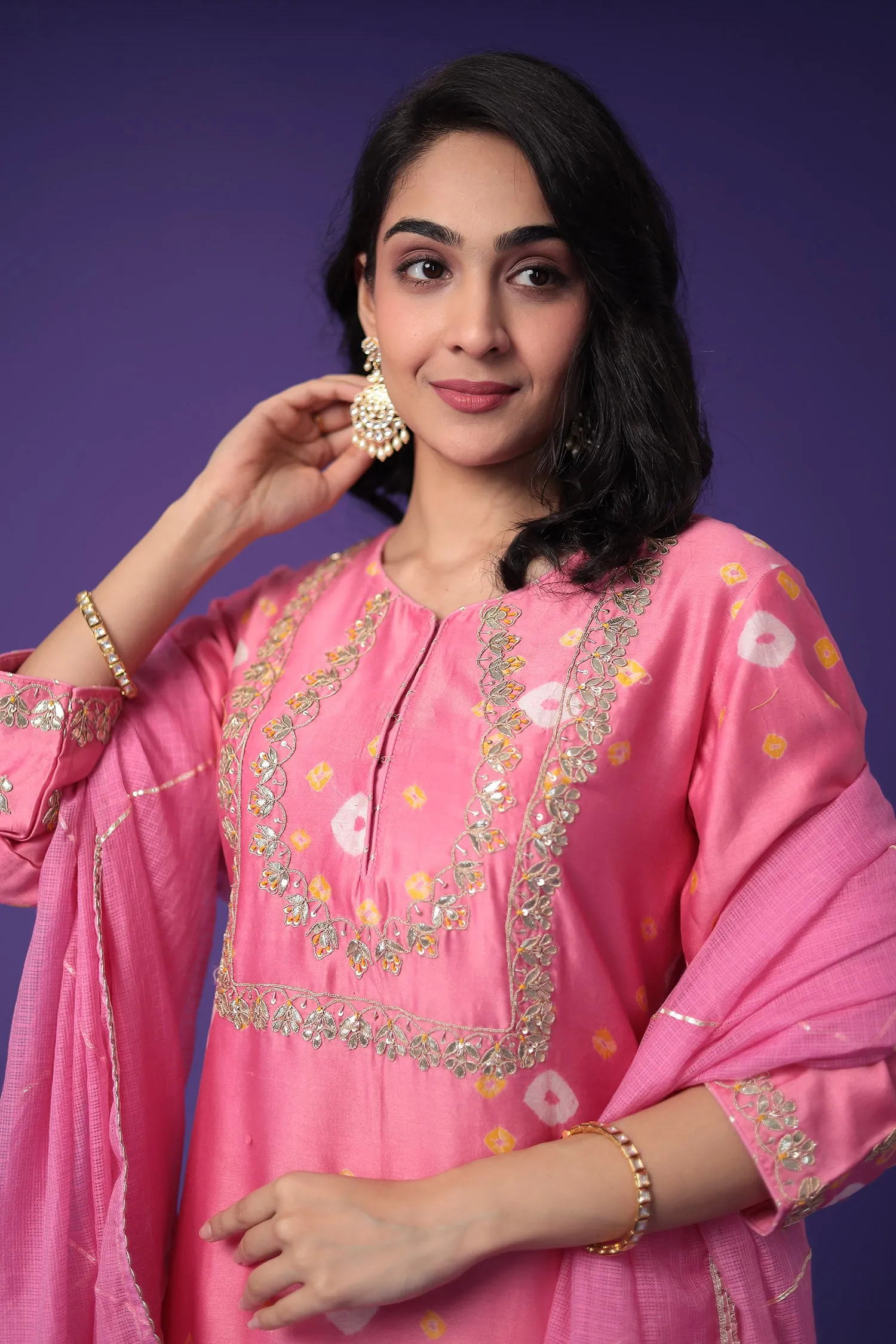 Bandhej Chanderi Silk Suit with Embroidered work