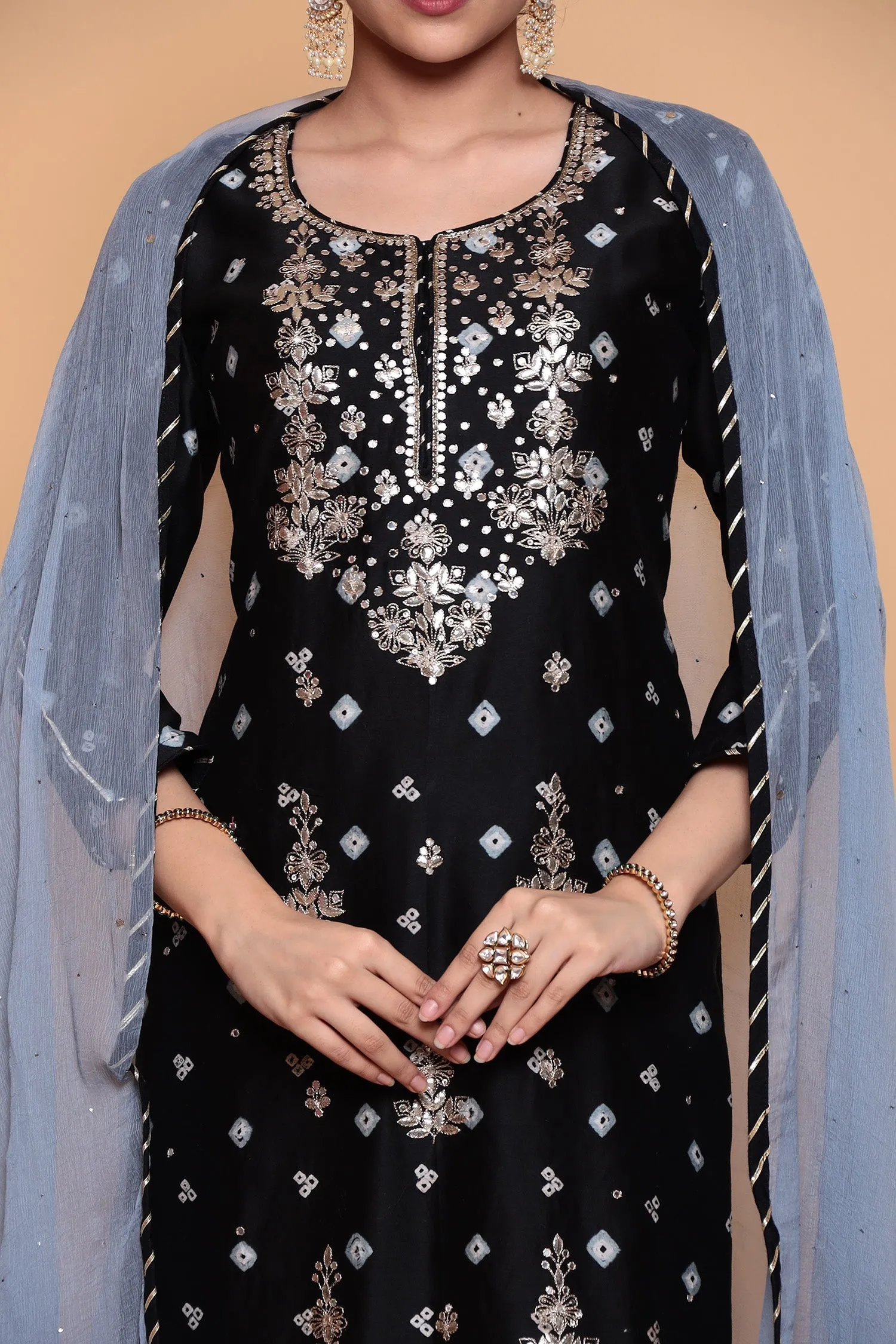 Bandhej Chanderi Suit with Gota Patti and Sequins work.