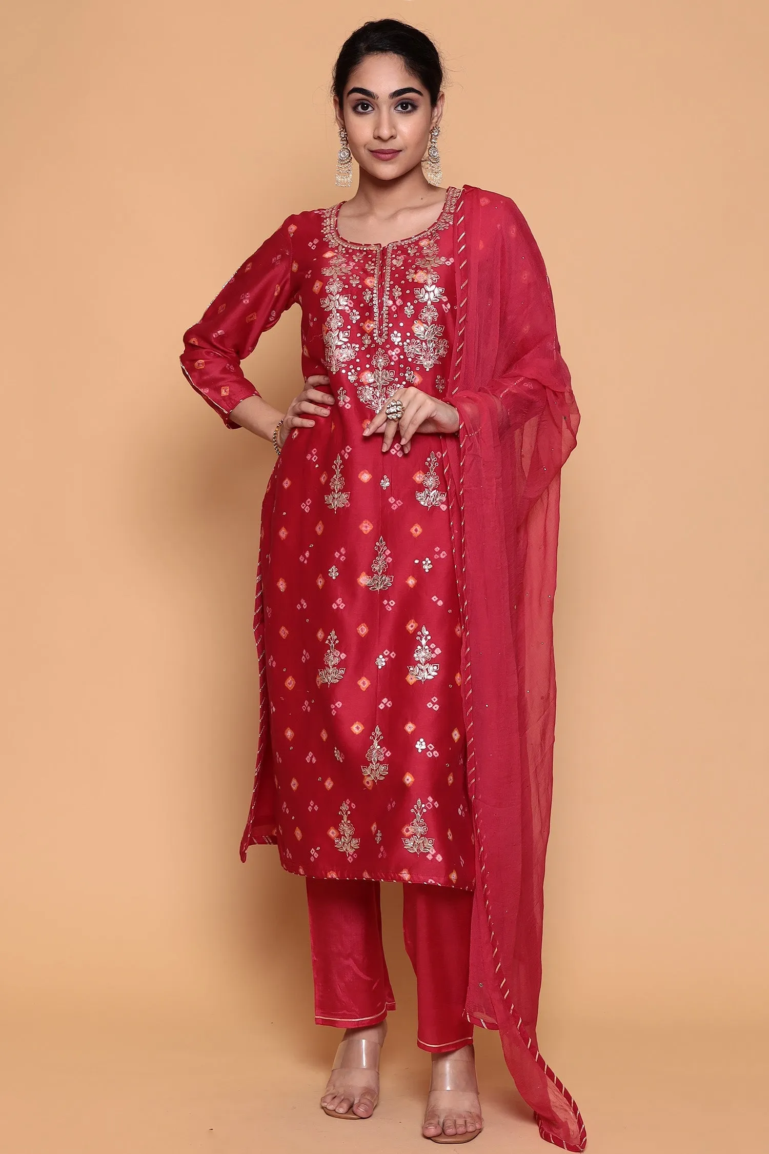 Bandhej Chanderi Suit with Gota Patti and Sequins work.