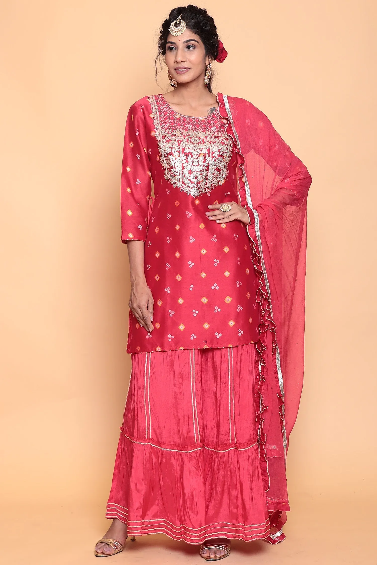 Bandhej Chanderi Suit with Gota Patti work.