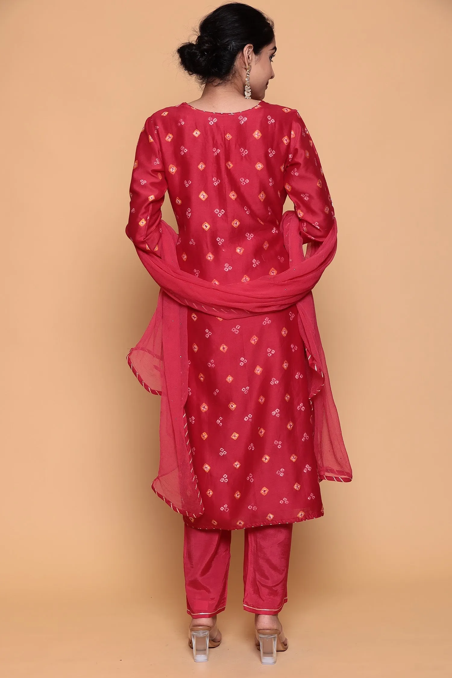 Bandhej Chanderi Suit with Gota Patti work.