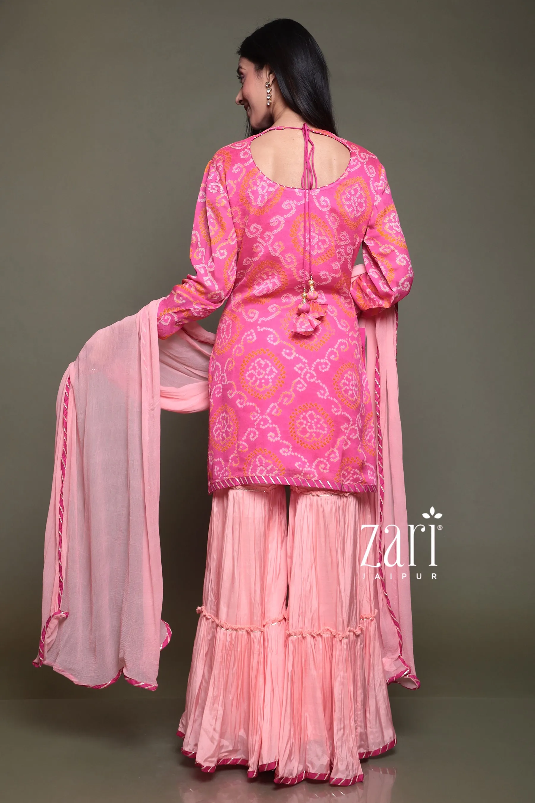 Bandhej Chinon silk Suit with Aari, Gota Patti, Pearl, Thread, Zardozi work.