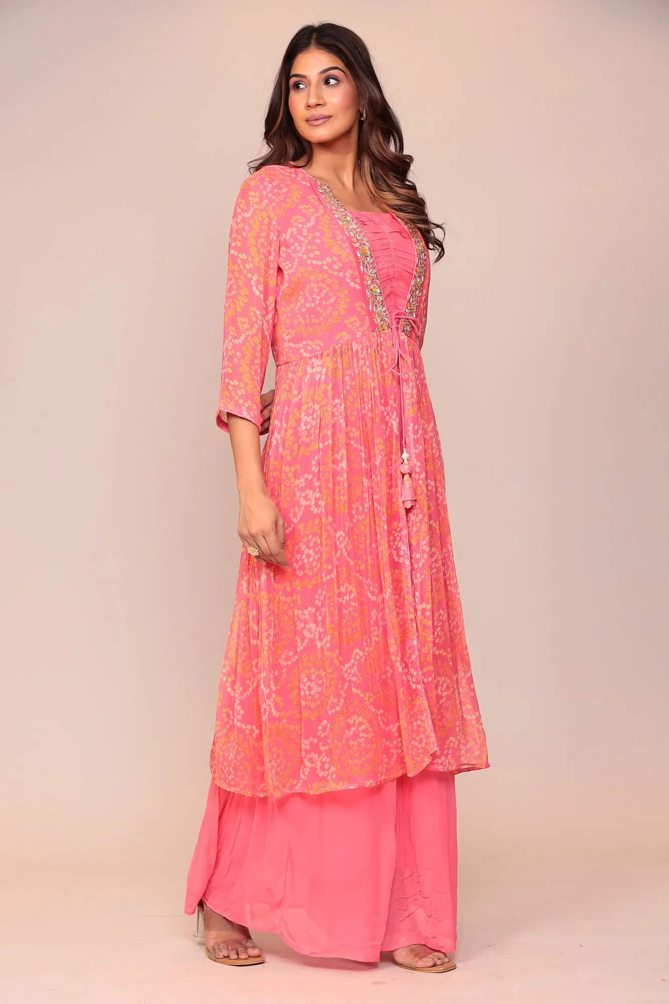 Bandhej Georgette Jacket Style Suit with Gota Patti and Thread work.