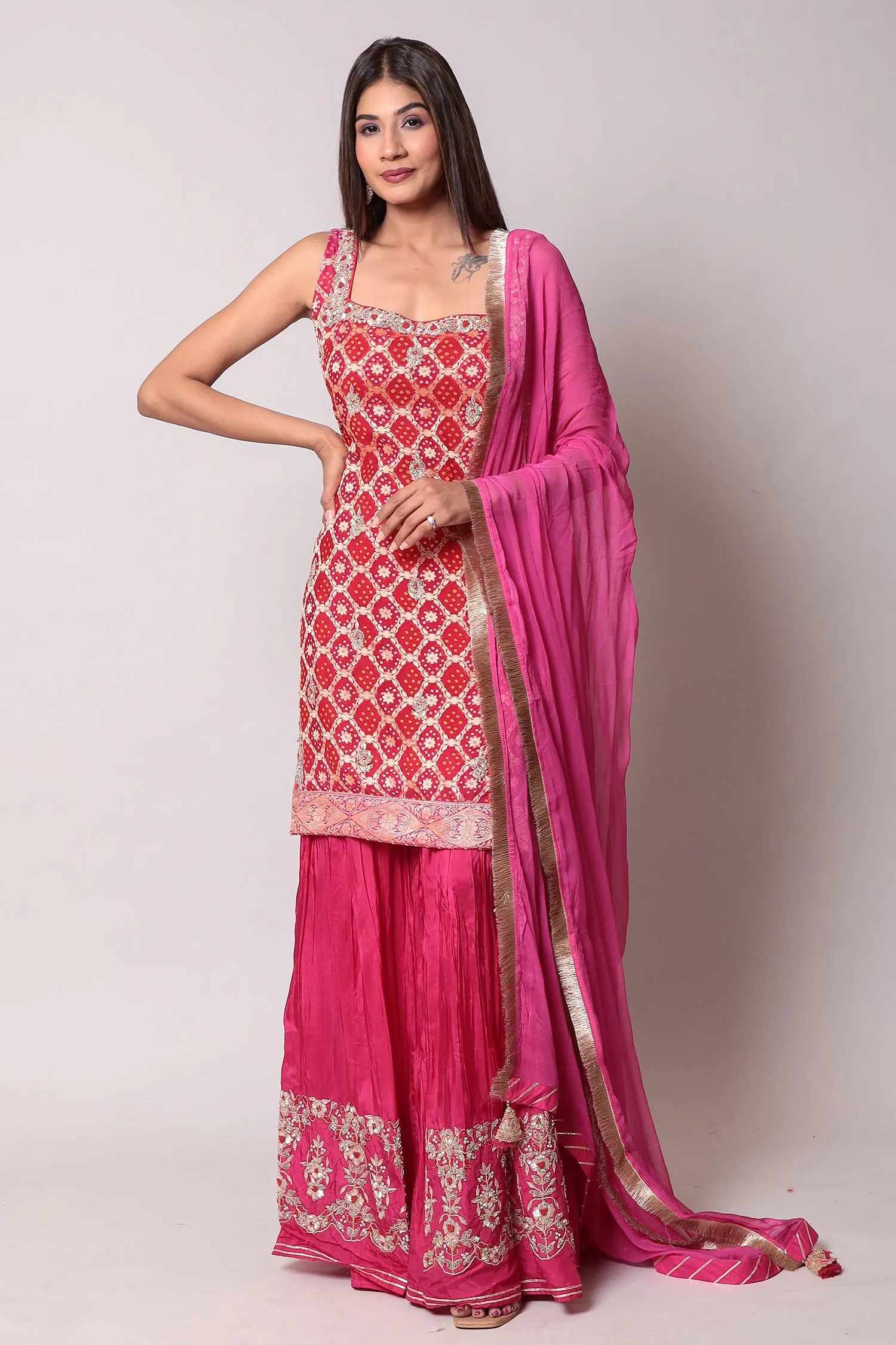 Bandhej Georgette Sharara set with Zardozi work