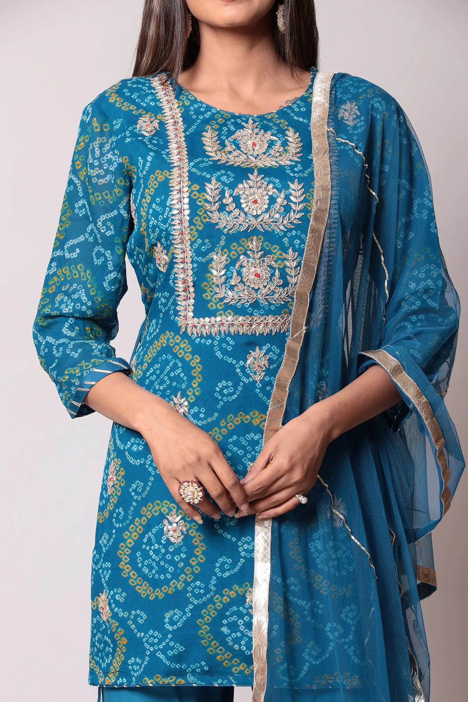 Bandhej Georgette Suit with Gota Patti work.