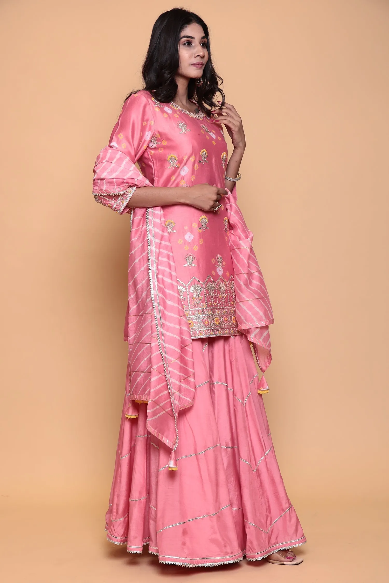 Bandhej Gota Patti Cotton Silk Suit with Gota Border.