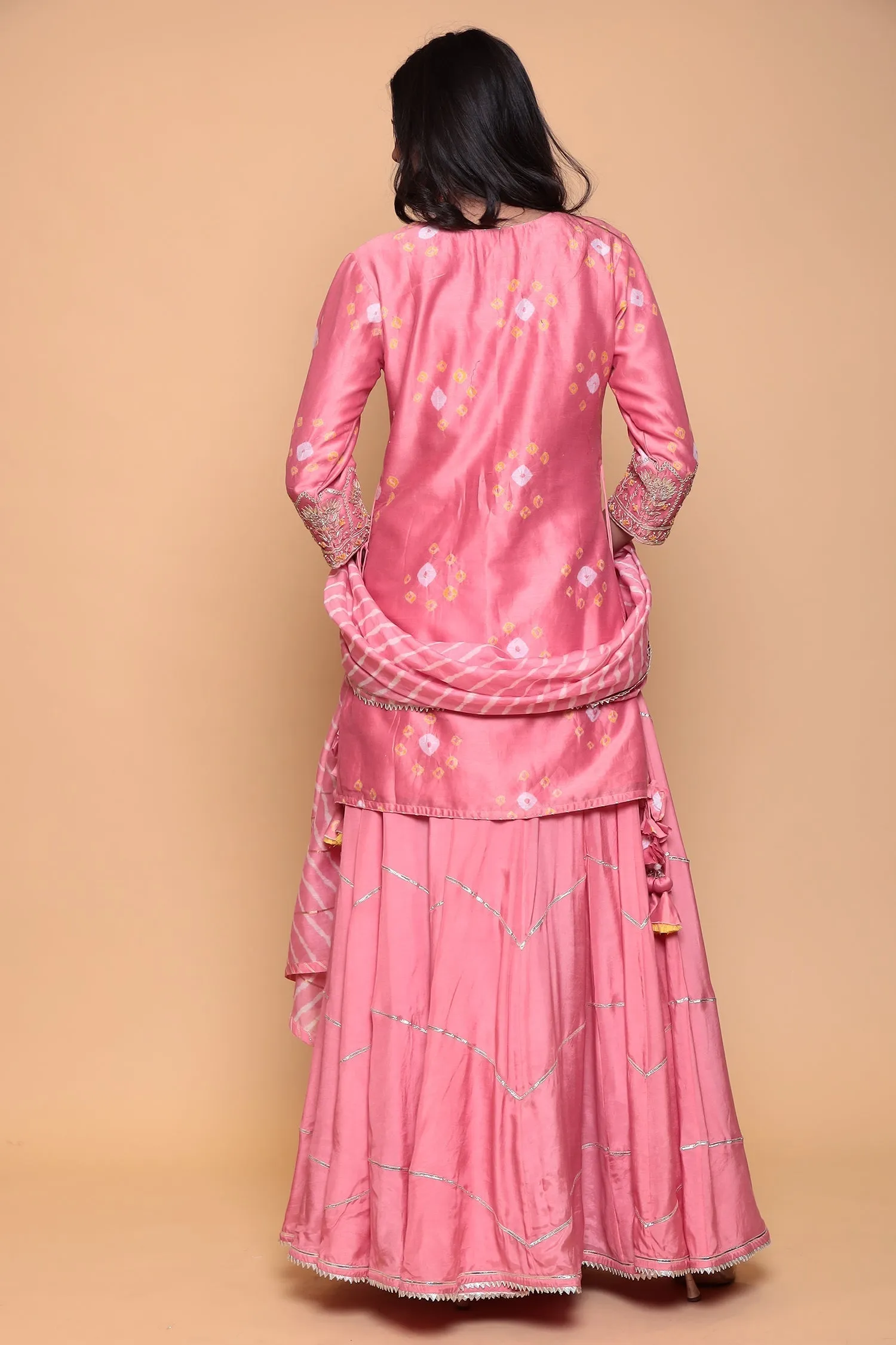 Bandhej Gota Patti Cotton Silk Suit with Gota Border.