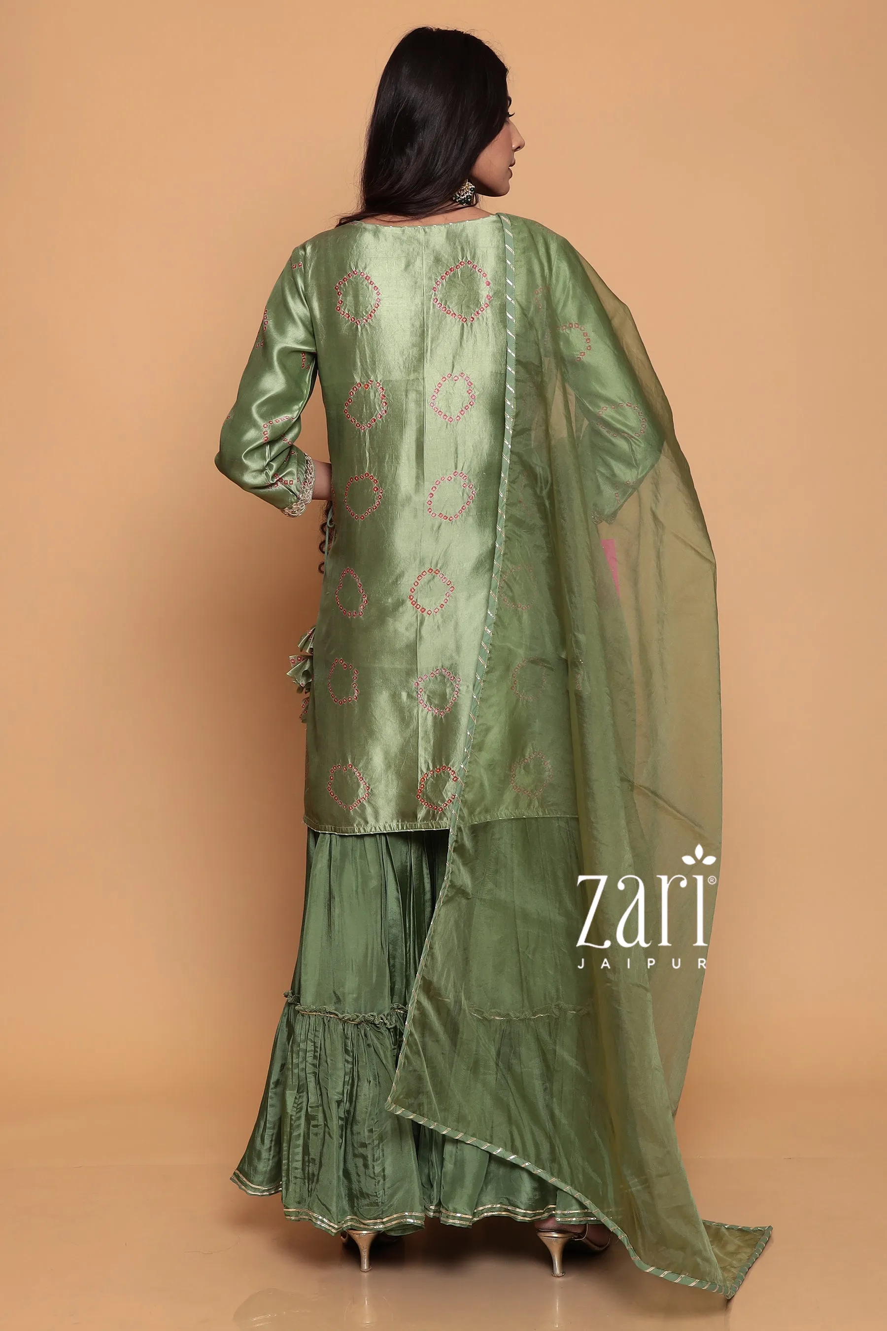 Bandhej  Silk Suit with Dori, Gota Patti, Pearl, Sequins, Zardozi work.