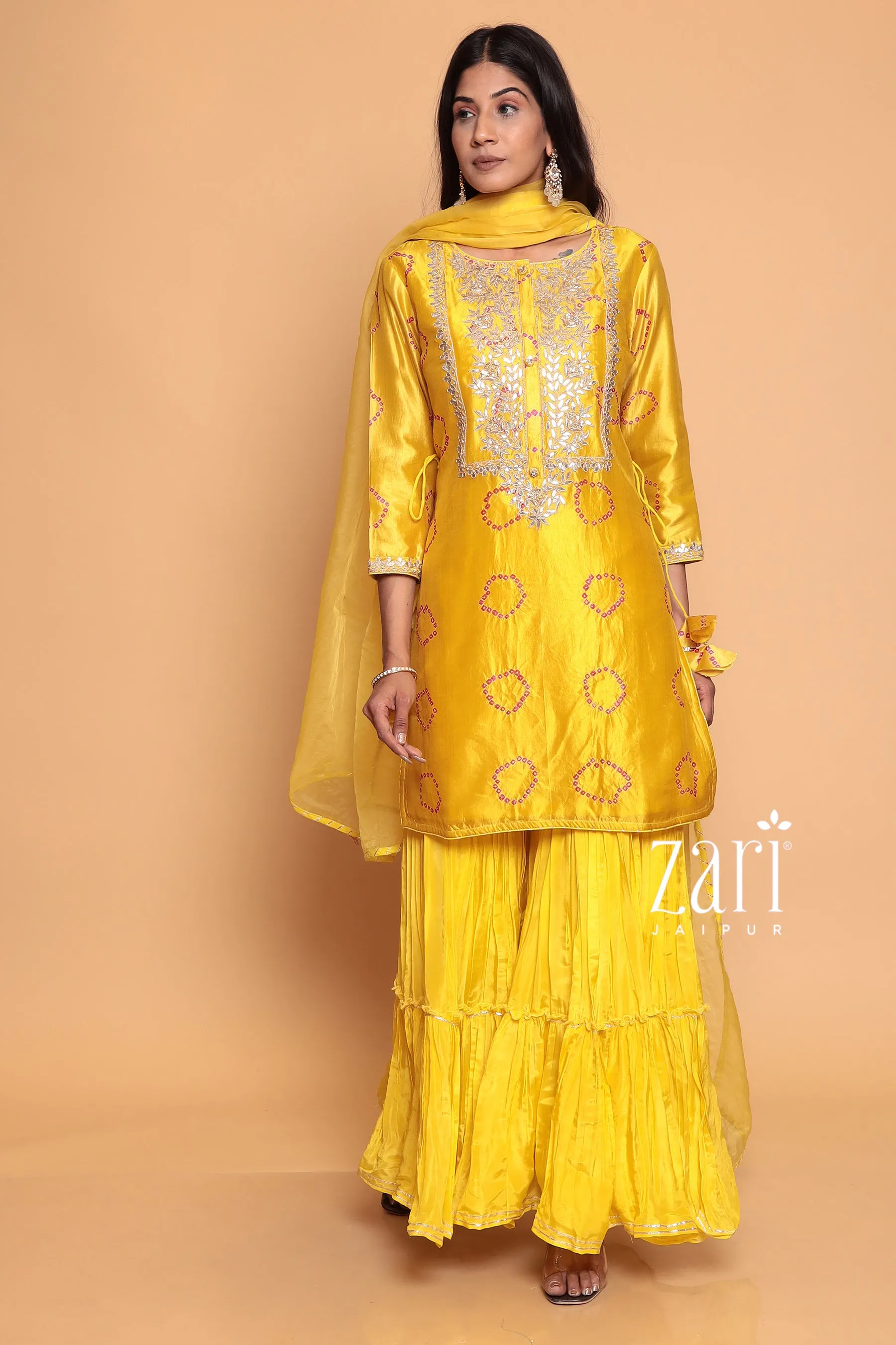 Bandhej  Silk Suit with Dori, Gota Patti, Pearl, Sequins, Zardozi work.