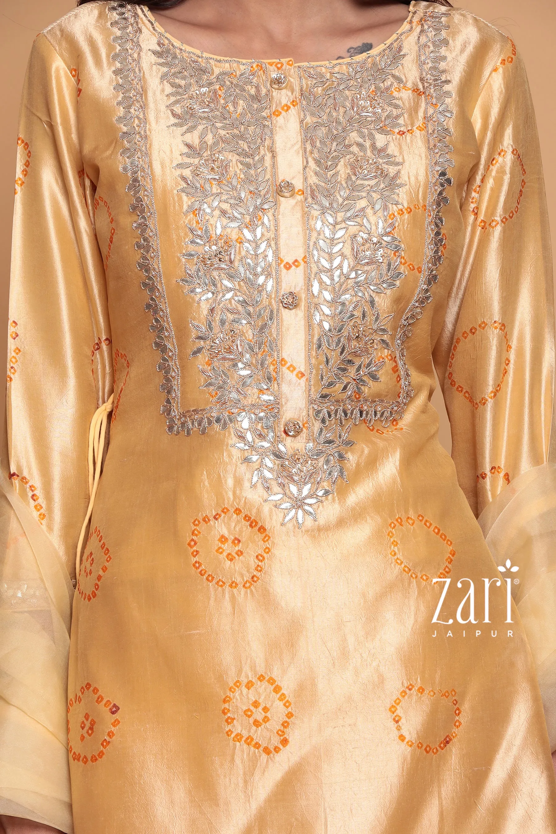 Bandhej  Silk Suit with Dori, Gota Patti, Pearl, Sequins, Zardozi work.