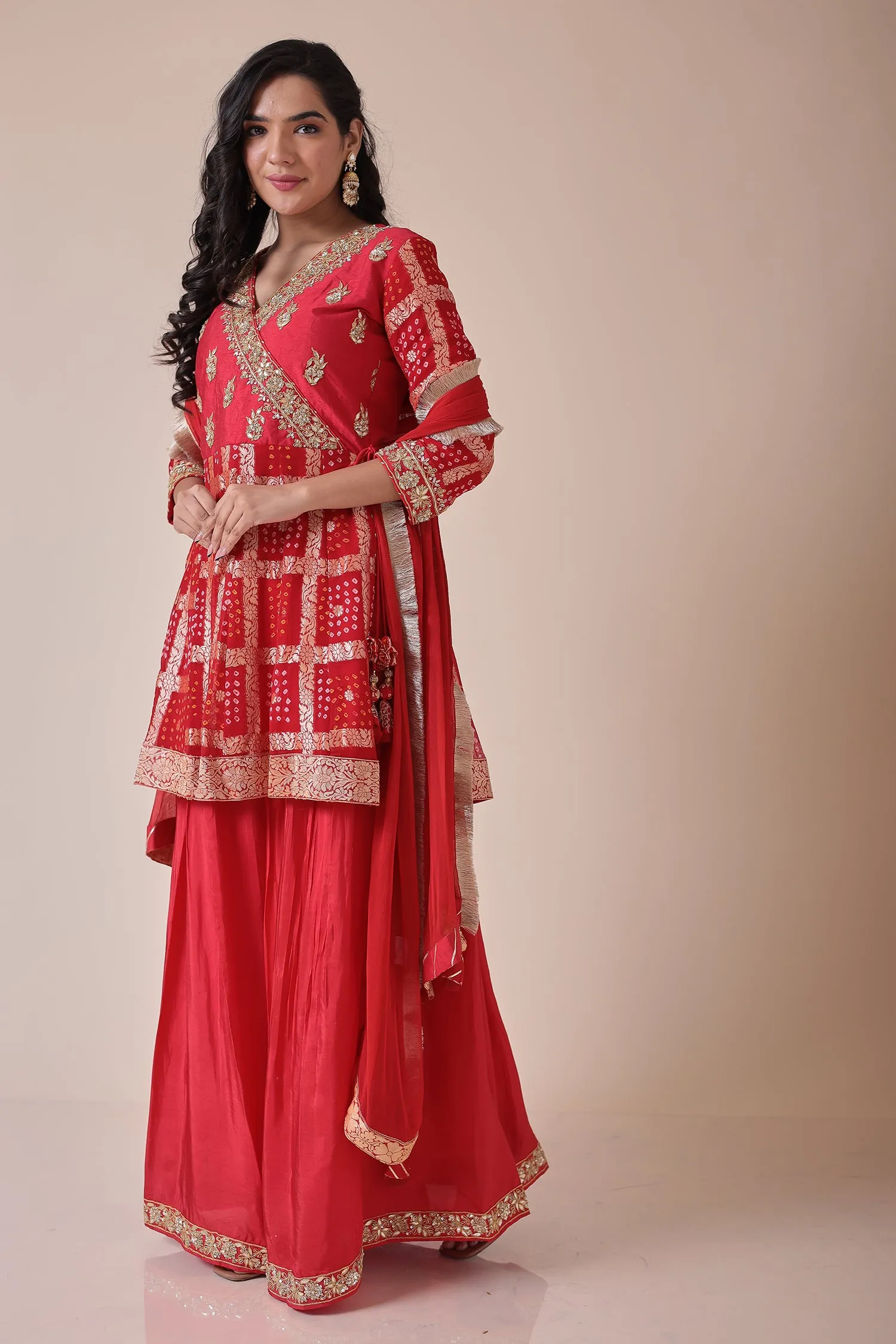 Bandhej Silk Suit with Gota Patti and Zardozi work