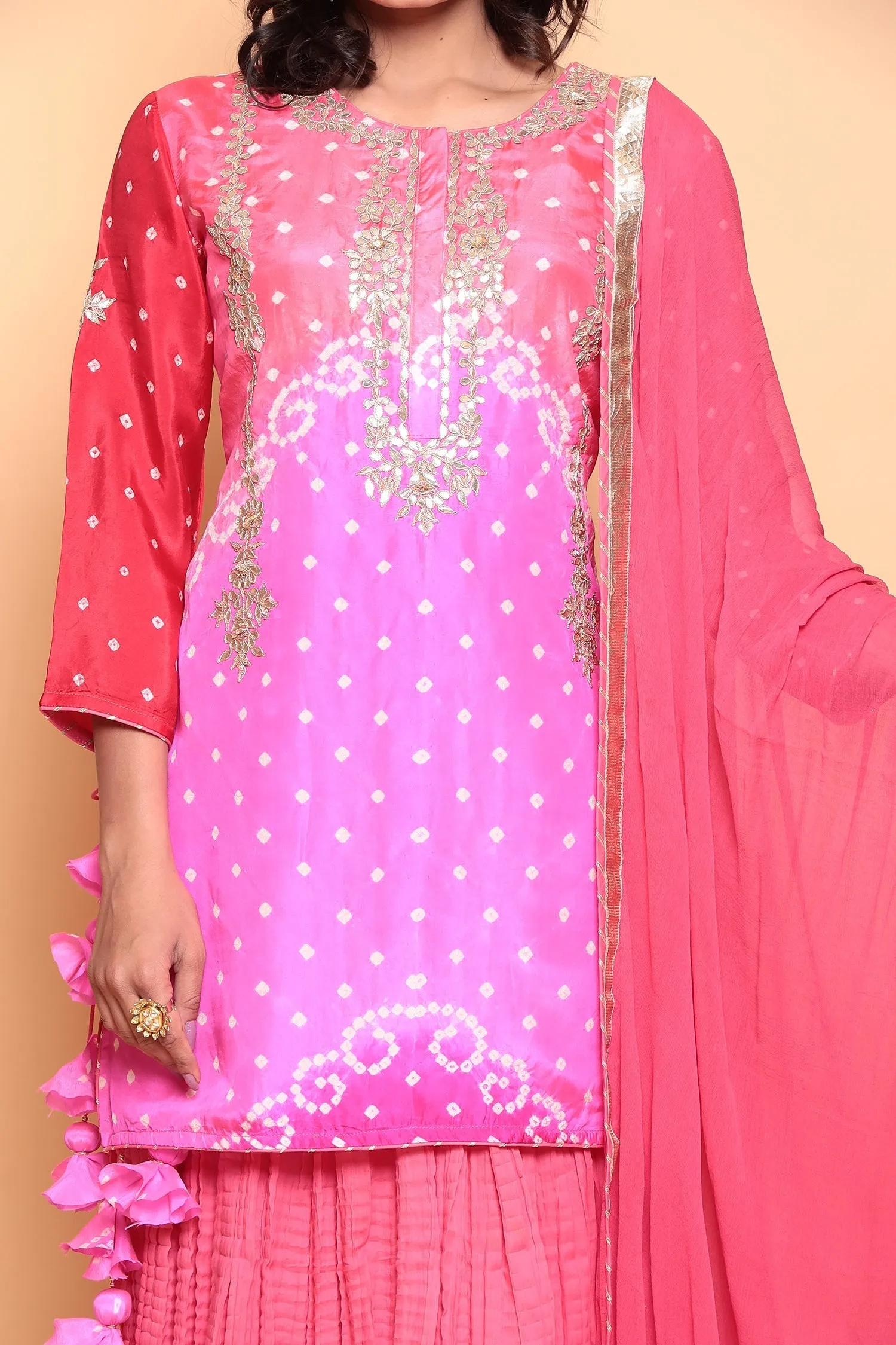 Bandhej Silk Suit with Gota Patti work.