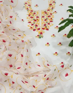 Beautiful Kota Doriya Embroidery Work Suit In White and Yellow