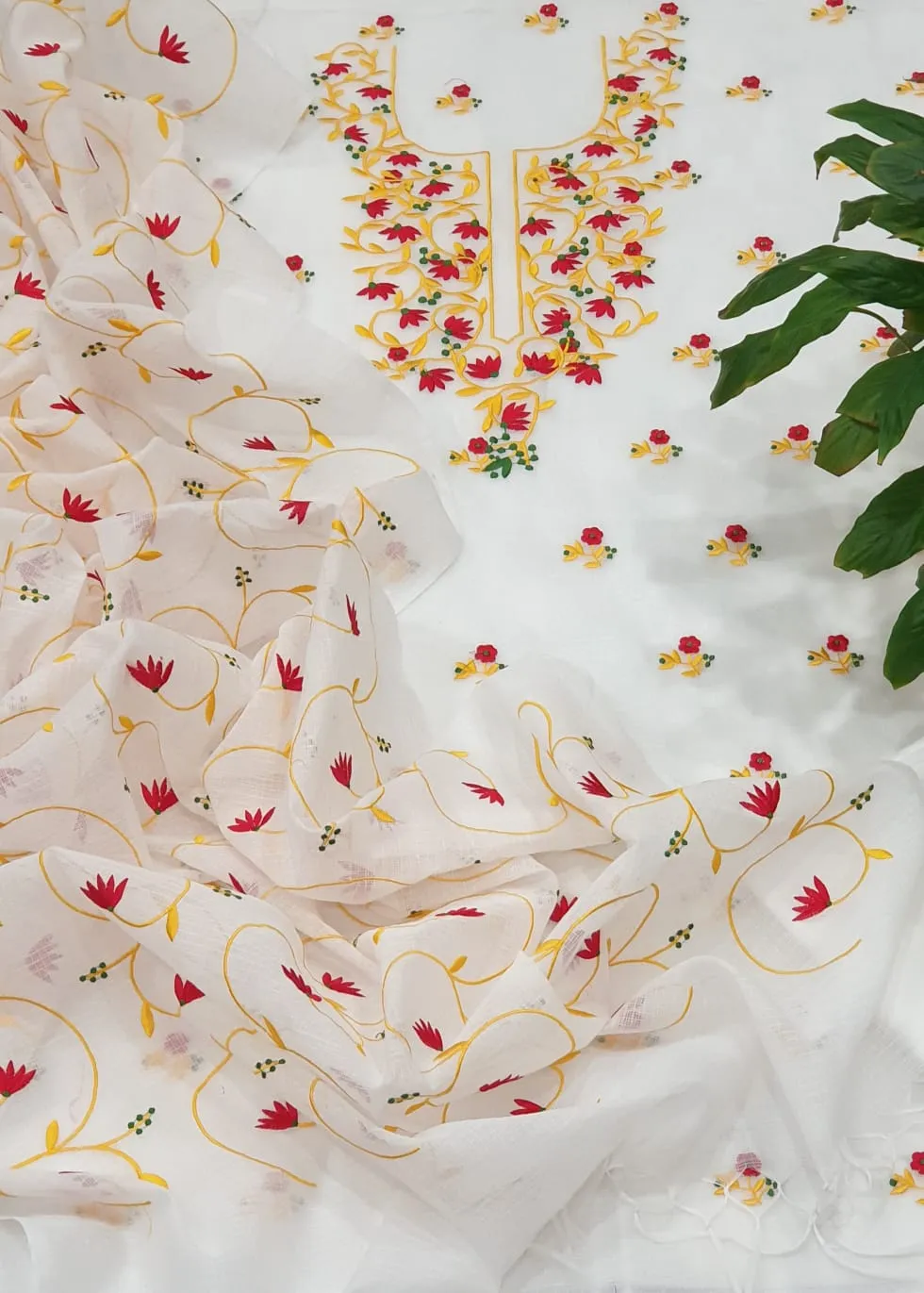 Beautiful Kota Doriya Embroidery Work Suit In White and Yellow