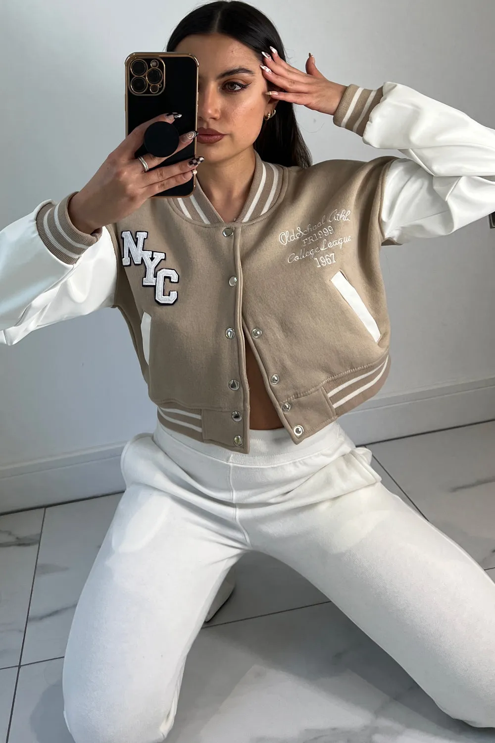 Becky Beige Slogan Cropped Varsity Jacket