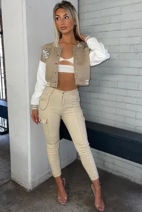 Becky Beige Slogan Cropped Varsity Jacket