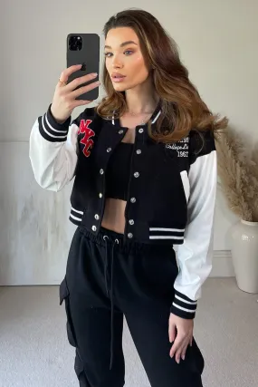 Becky Black Slogan Cropped Varsity Jacket