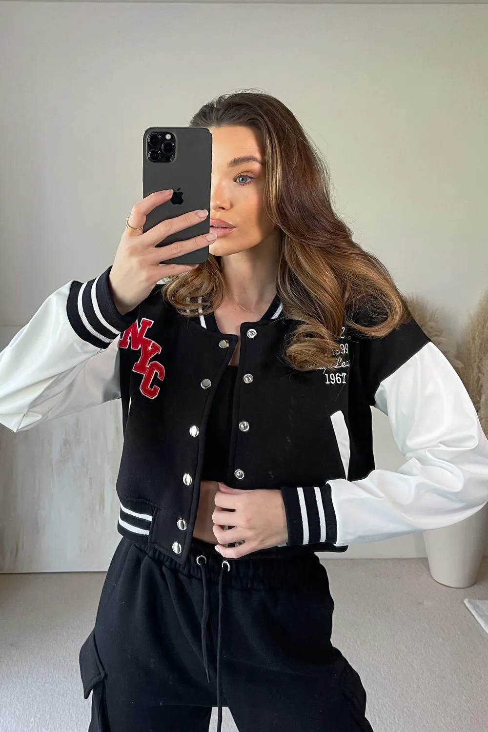 Becky Black Slogan Cropped Varsity Jacket