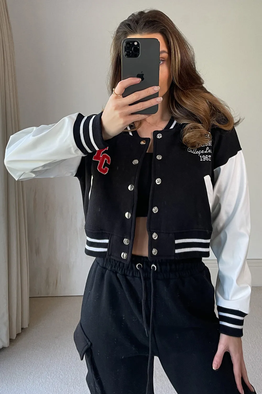 Becky Black Slogan Cropped Varsity Jacket