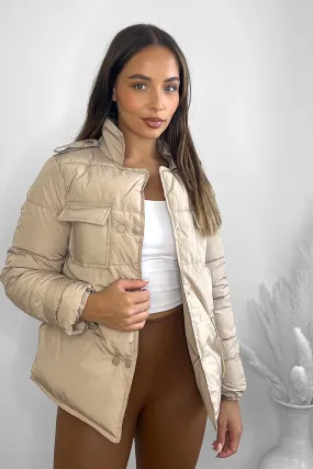 Beige Utility Pockets Short Puffer Bomber Jacket