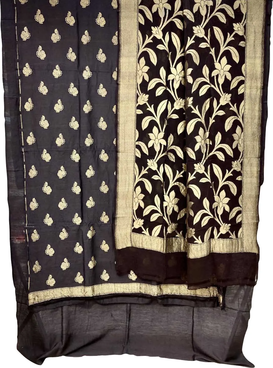 Black Banarasi Handloom Pure Moonga Silk Unstitched Suit Set