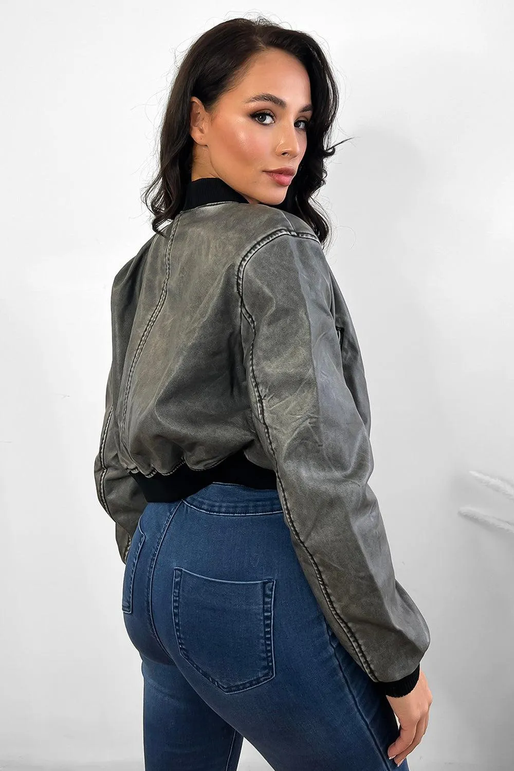 Black Grey Aged Effect Vegan Leather Bomber Jacket