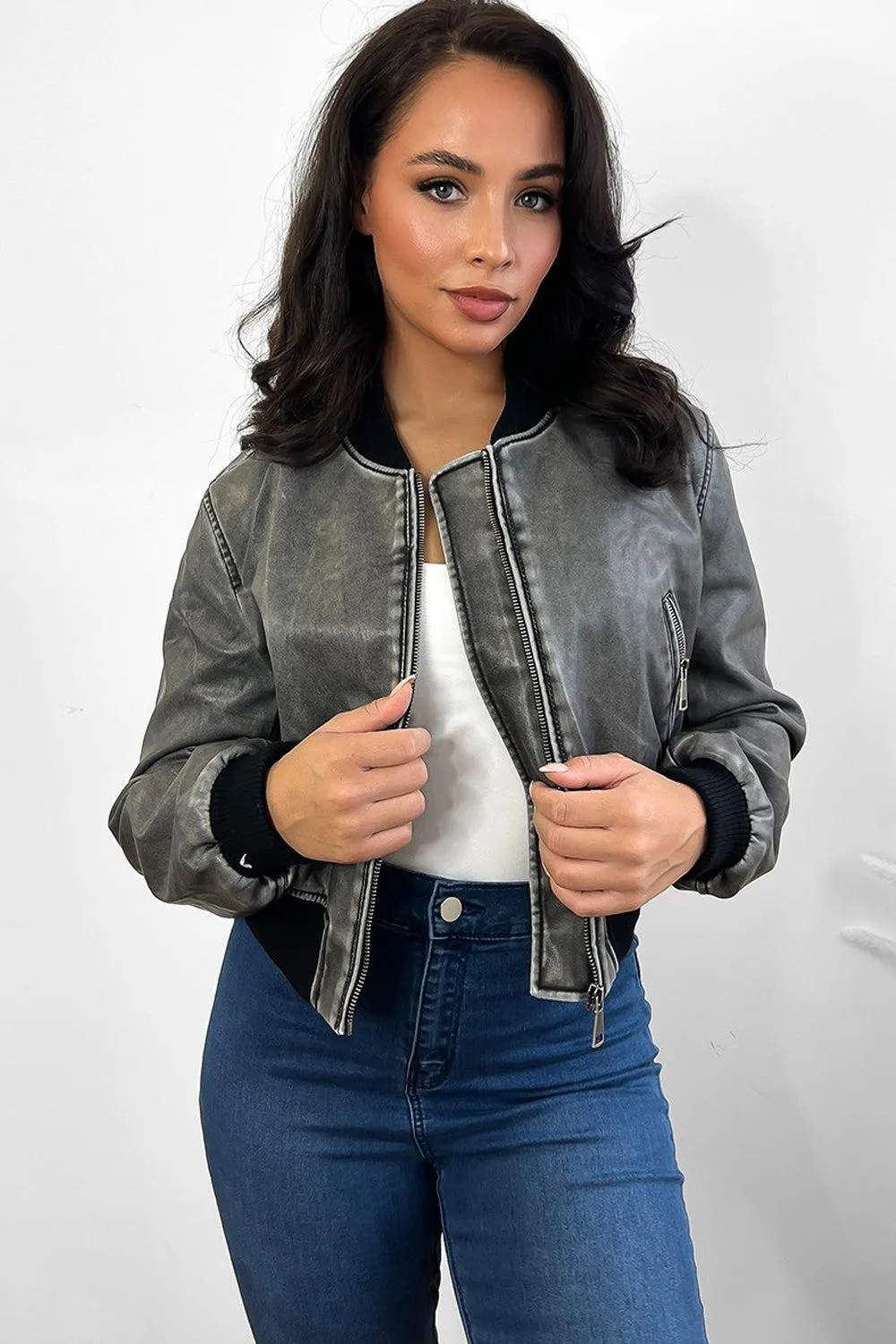 Black Grey Aged Effect Vegan Leather Bomber Jacket