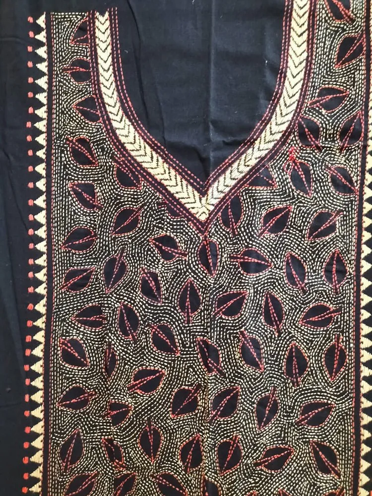 Black Hand Embroidered Kantha Cotton Unstitched Kurti