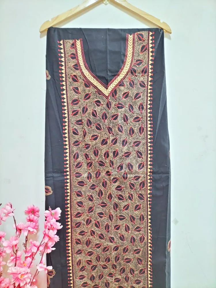 Black Hand Embroidered Kantha Cotton Unstitched Kurti