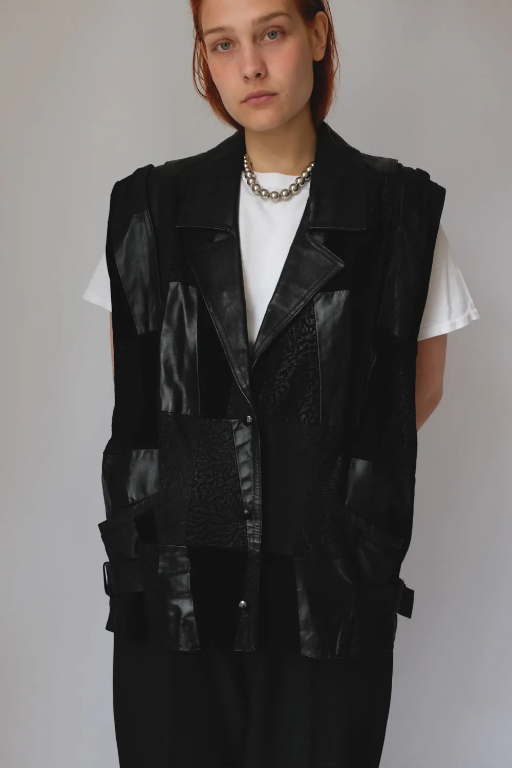 BLACK LEATHER VINTAGE OVERSIZE VEST